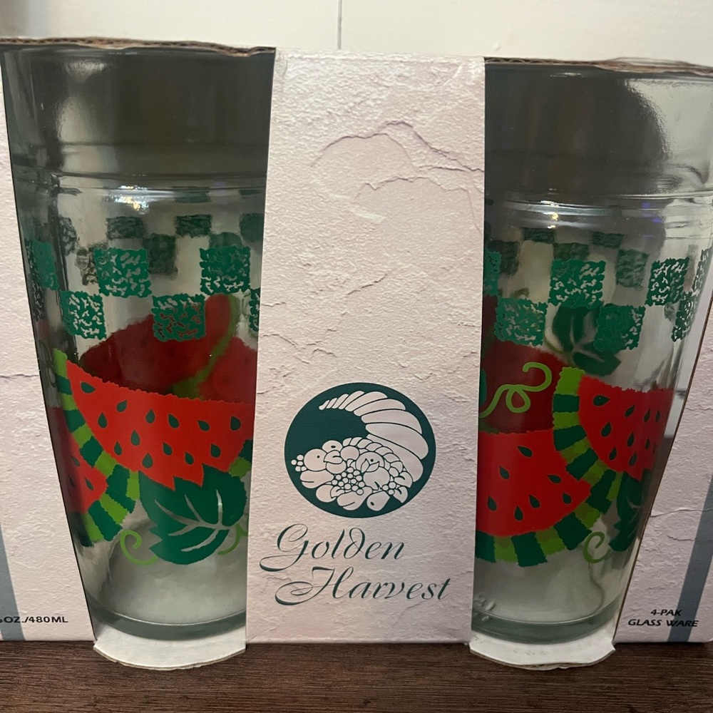 Set of 16 Vintage Anchor Hocking Golden Harvest Glass Tumblers-Watermelon Design - Picture 3 of 4